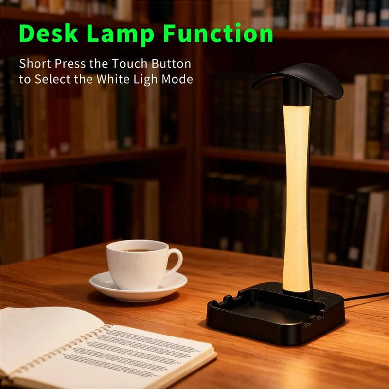 D15 RGB Desk Organizer Headphone Stand Phone Holder with Touch Desk Lamp USB + Type-C Charging Hub for Home Office - Black