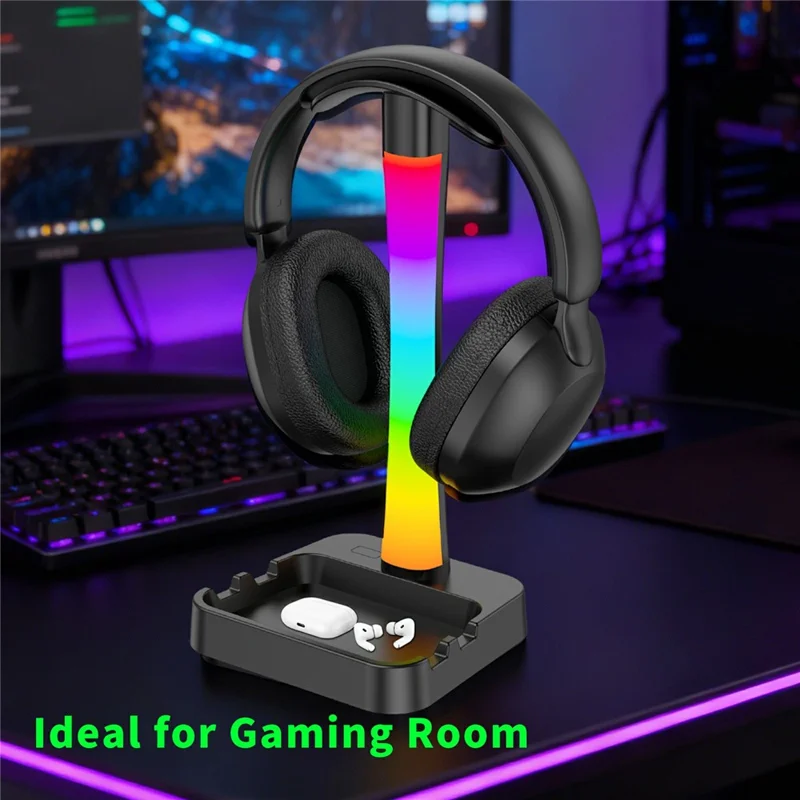 D15 RGB Desk Organizer Headphone Stand Phone Holder with Touch Desk Lamp USB + Type-C Charging Hub for Home Office - Black