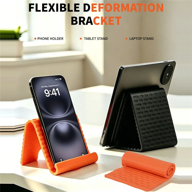 Phone Tablet Stand Flexible Foldable Silicone Suction Cup Adjustable Angle Rollable Holder for Travel Workout Desk - Black