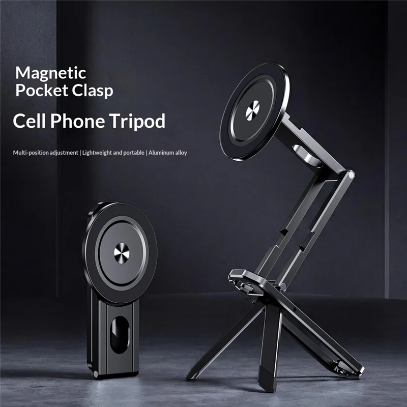 E18 Foldable Magnetic Phone Tripod Stand N52 Magnet 1 / 4-inch Threaded Hole for Live Streaming - Black