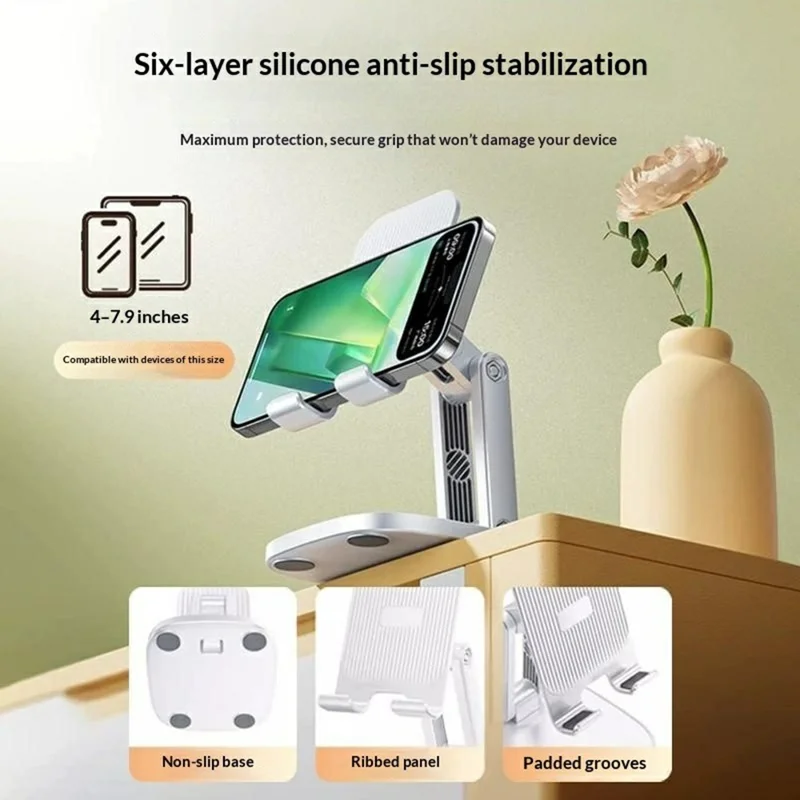 K68 Soporte de Escritorio Plegable para Teléfono, Soporte de Escritorio Ajustable en Altura con Tres Ejes para Transmisión en Vivo - Blanco