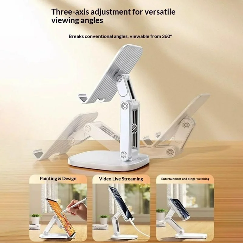 K68 Soporte de Escritorio Plegable para Teléfono, Soporte de Escritorio Ajustable en Altura con Tres Ejes para Transmisión en Vivo - Blanco