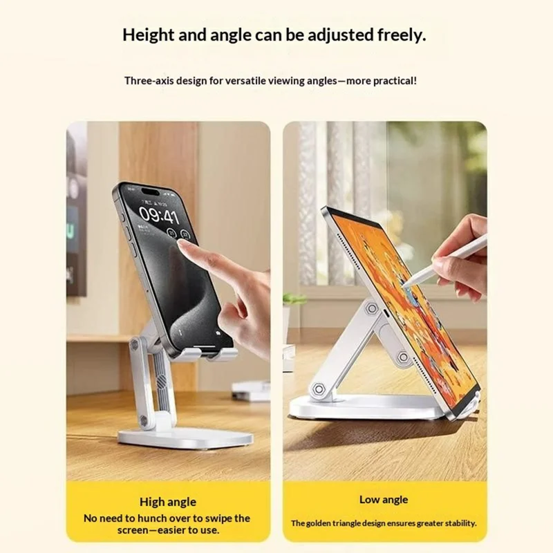 K68 Soporte de Escritorio Plegable para Teléfono, Soporte de Escritorio Ajustable en Altura con Tres Ejes para Transmisión en Vivo - Blanco