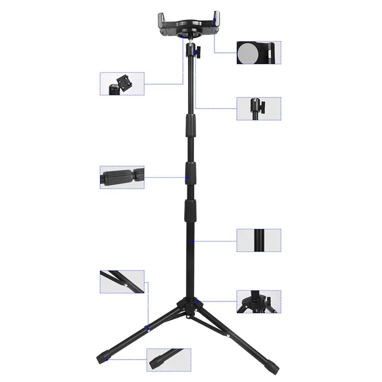Universal Mobile Phone Tablet Holder Floor Stand 360 Degree Rotating Retractable Tripod Bracket, Thicken Version