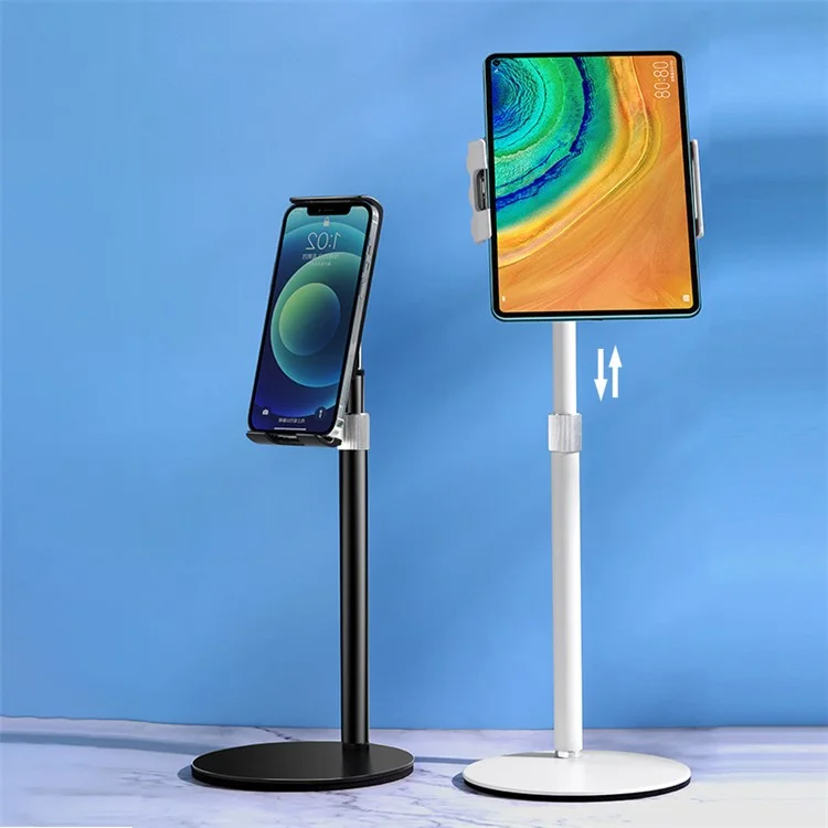 Portable Cell Phone Stand Holder Angle Adjustable Telescopic Metal Desktop Tablet Clamp Mount Holder - White