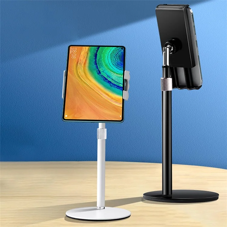 Portable Cell Phone Stand Holder Angle Adjustable Telescopic Metal Desktop Tablet Clamp Mount Holder - White