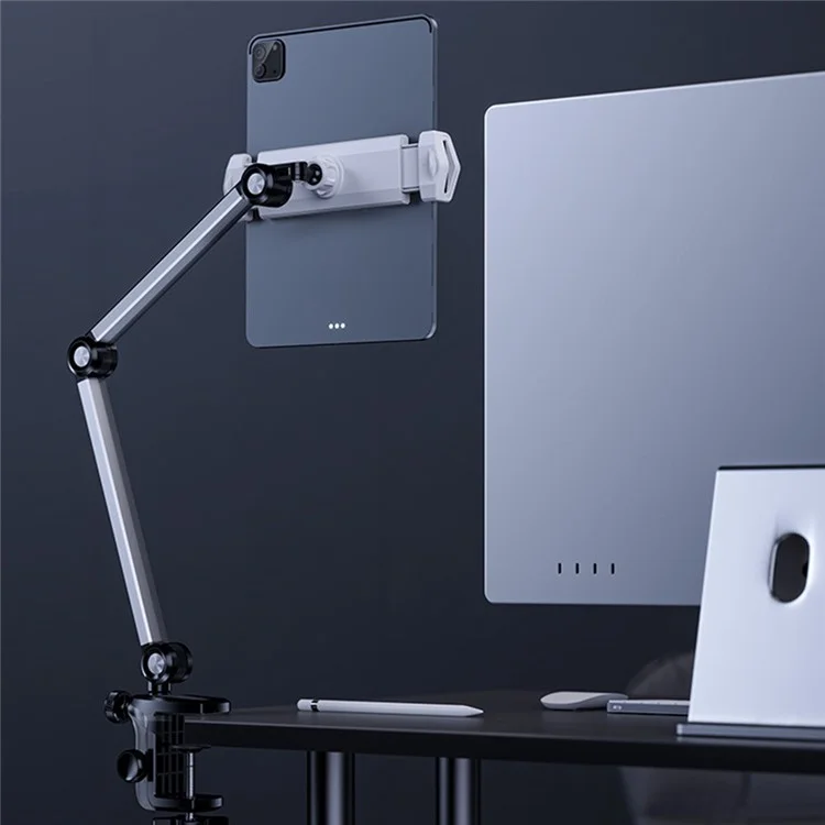 BONERUY P76 Braccio Regolabile Boom Arm Supporto Indolente per iPhone, iPad Multi-Angle Rotating Cell Phone Stand con Clip per Bedside Desktop - Argento