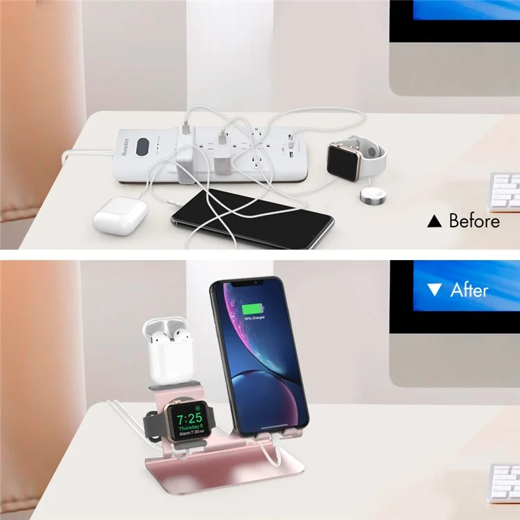 AHASTYLE ST05 Para Apple Watch / iPhone / AirPods 3-em-1 Suporte de Carregamento Braço Carregador de Mesa de Alumínio - Rosa Dourado