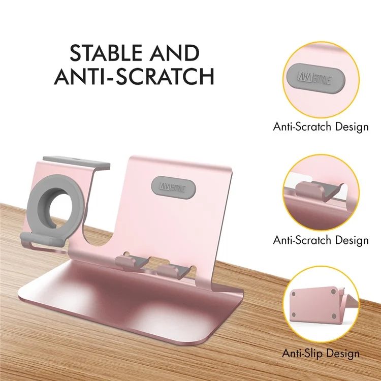 AHASTYLE ST05 Para Apple Watch / iPhone / AirPods 3-em-1 Suporte de Carregamento Braço Carregador de Mesa de Alumínio - Rosa Dourado