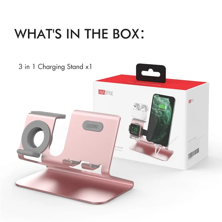 AHASTYLE ST05 Para Apple Watch / iPhone / AirPods 3-em-1 Suporte de Carregamento Braço Carregador de Mesa de Alumínio - Rosa Dourado