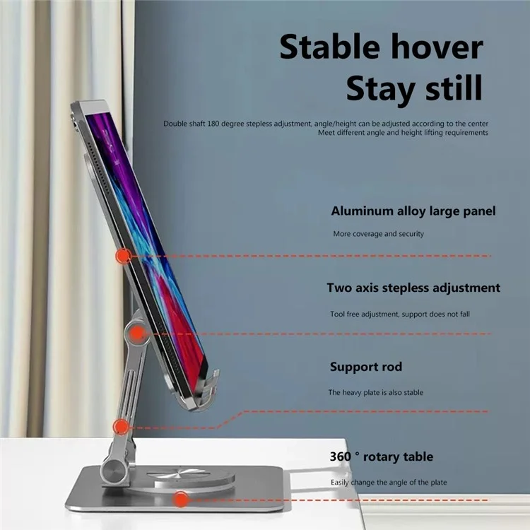 P2027 Support de tablette pliable à rotation 360 degrés en alliage d'aluminium - Argent