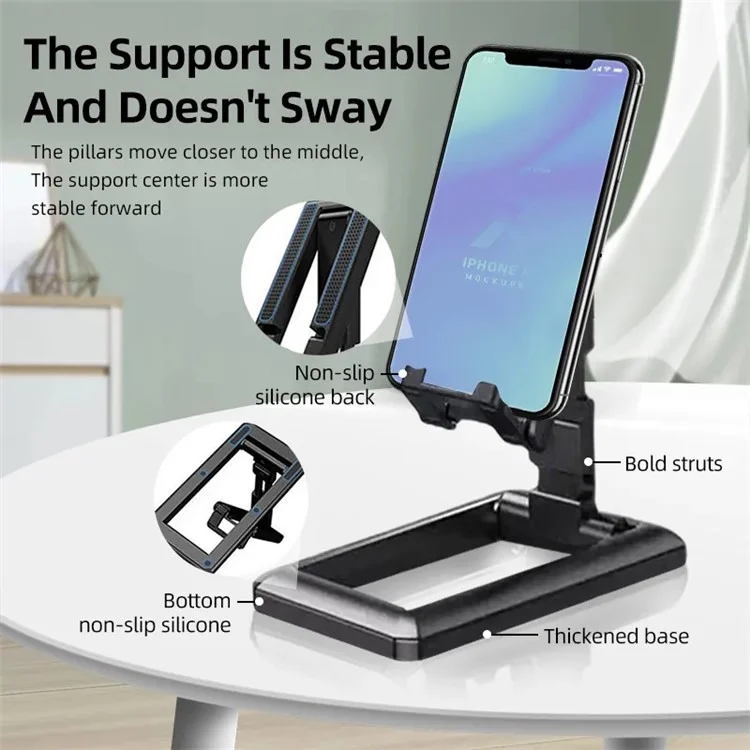Folding Desk Phone Stand Non-Slip Adjustable Phone Holder for iPhone / Samsung / Huawei - Black