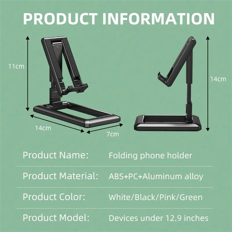 Folding Desk Phone Stand Non-Slip Adjustable Phone Holder for iPhone / Samsung / Huawei - Black