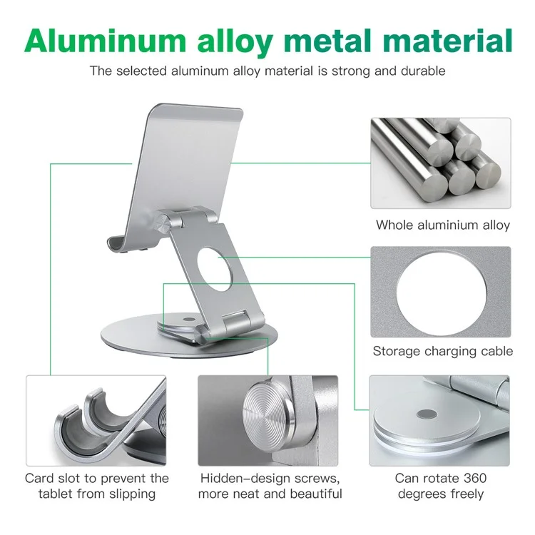 P57 Multifunction Desktop Phone Stand Folding 360° Rotating Metal Tablet Holder for Live Streaming - Silver