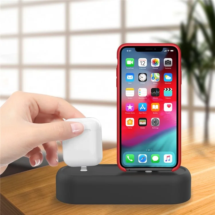 AHASTYLE PT55 2 in 1 Charging Dock Bracket for AirPods / iPhone Silicone Stand Holder - Black