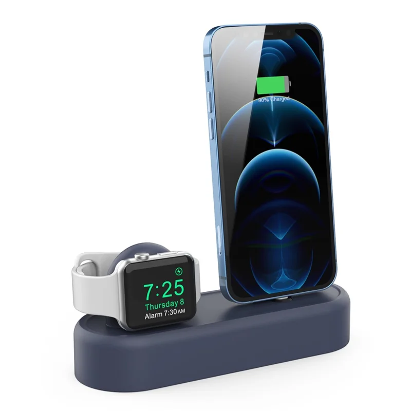 AHASTYLE PT56-S For iPhone 12 / 13 / 14 / Apple Watch Stand Holder 2 in 1 Silicone Charging Dock with Cable Adapter - Midnight Blue