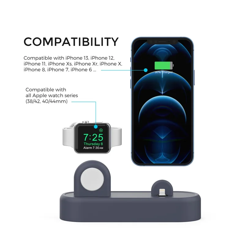 AHASTYLE PT56-S For iPhone 12 / 13 / 14 / Apple Watch Stand Holder 2 in 1 Silicone Charging Dock with Cable Adapter - Midnight Blue