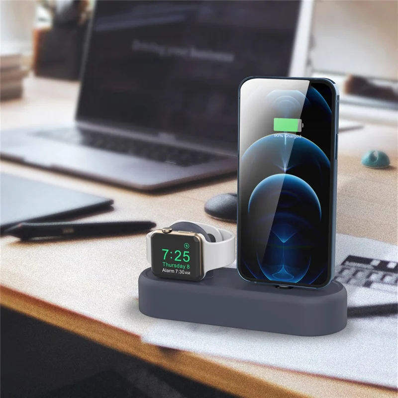 AHASTYLE PT56-S For iPhone 12 / 13 / 14 / Apple Watch Stand Holder 2 in 1 Silicone Charging Dock with Cable Adapter - Midnight Blue