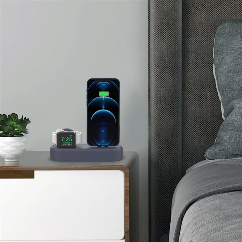AHASTYLE PT56-S For iPhone 12 / 13 / 14 / Apple Watch Stand Holder 2 in 1 Silicone Charging Dock with Cable Adapter - Midnight Blue