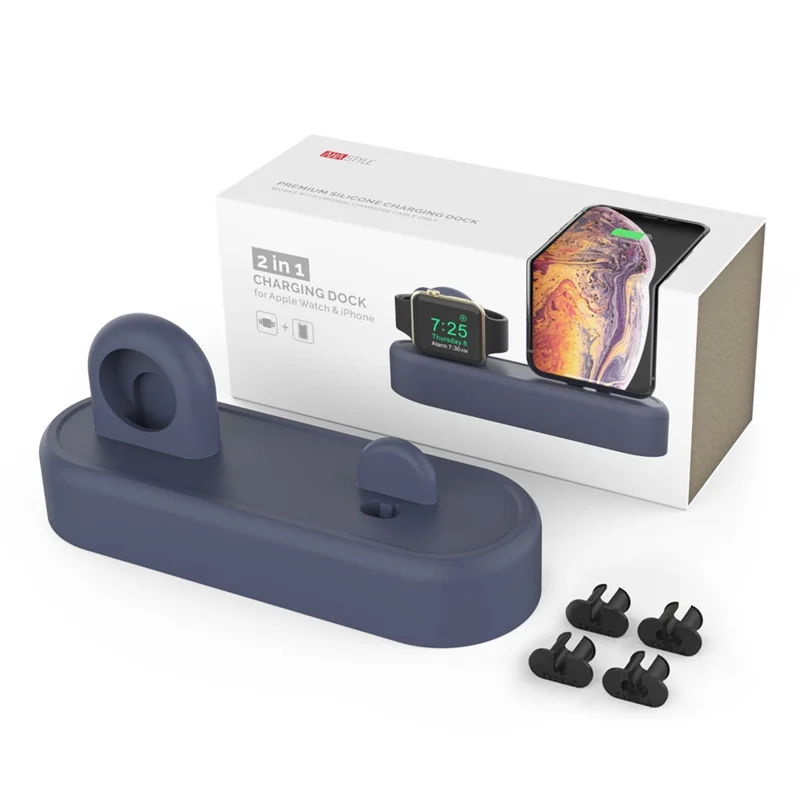 AHASTYLE PT56-S For iPhone 12 / 13 / 14 / Apple Watch Stand Holder 2 in 1 Silicone Charging Dock with Cable Adapter - Midnight Blue