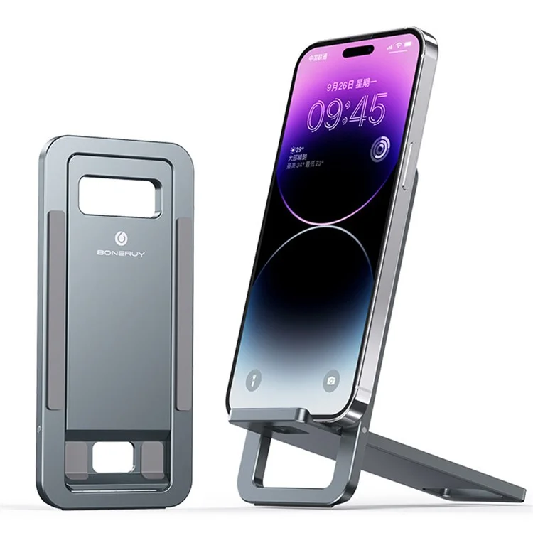BONERUY T6 Cell Phone Stand Foldable Aluminum Adjustable Phone Tablet Holder Cradle Dock for Desk Travel - Dark Grey