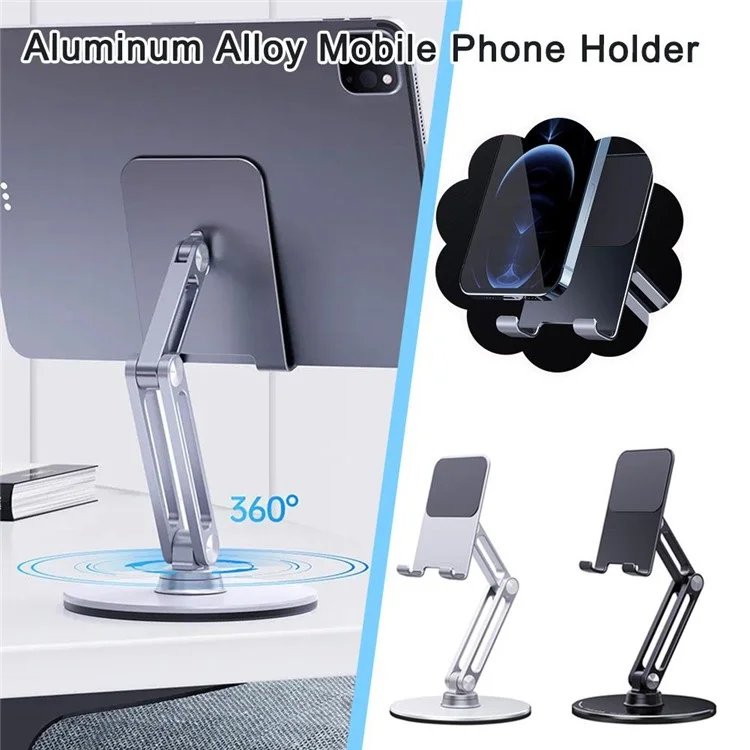 BONERUY L06X Cell Phone Stand Aluminum Alloy Tablet Cradle Desktop Dock 360 Degree Rotating Foldable Phone Holder - Dark Grey