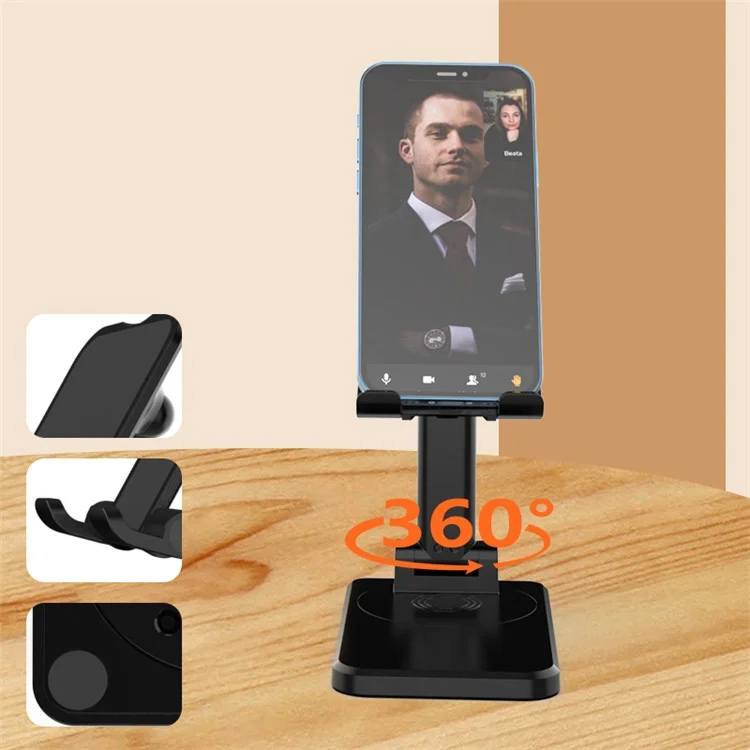 CCT19 Foldable Cell Phone Stand Rotation Height Adjustable Phone Holder ABS+Silicone Desktop Phone Mount - Black