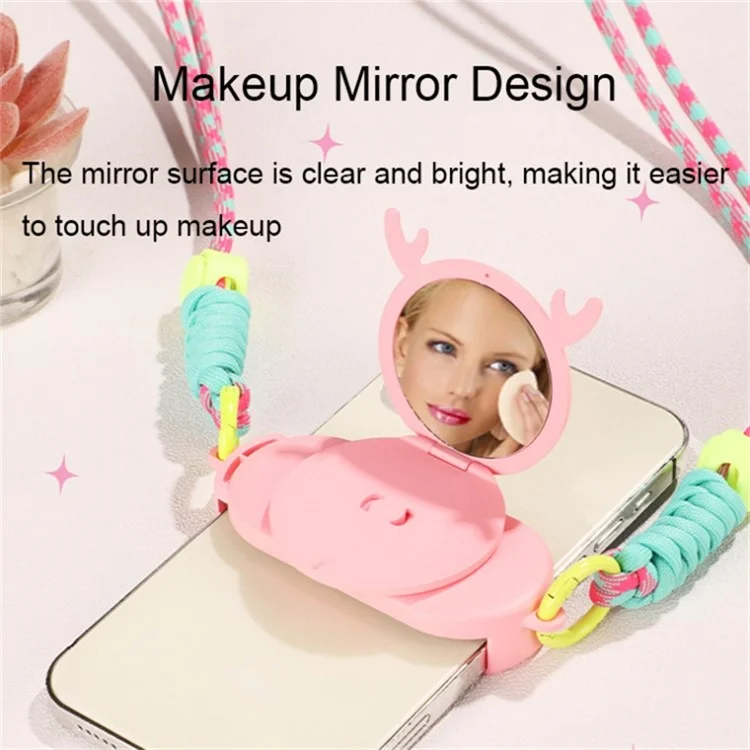 Téléphone Crossbody Lanyard Rotary Back Clamp Phone Holder Nylon Braided Shoulder Strap with Makeup Mirror Stand - Rose
