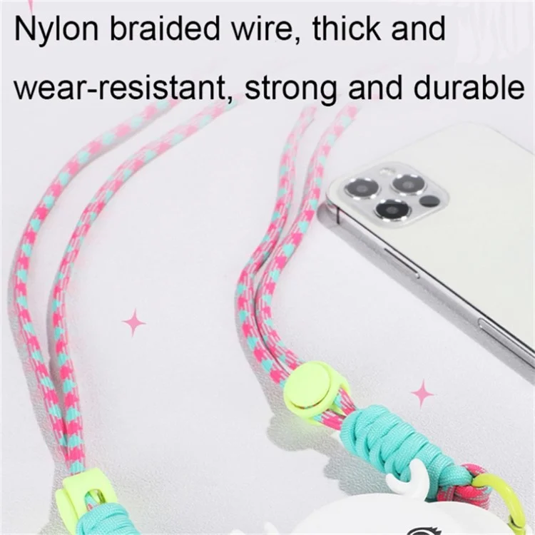 Téléphone Crossbody Lanyard Rotary Back Clamp Phone Holder Nylon Braided Shoulder Strap with Makeup Mirror Stand - Rose