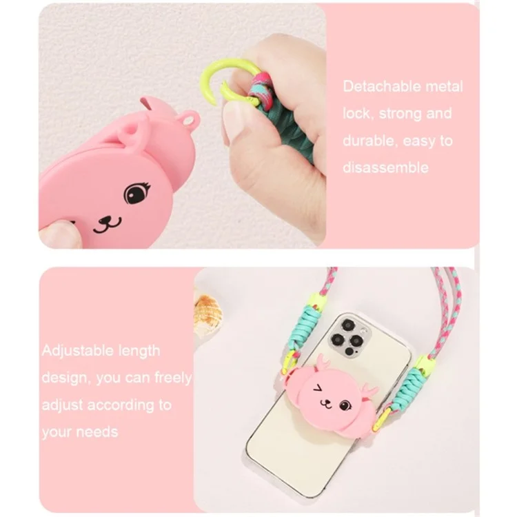 Téléphone Crossbody Lanyard Rotary Back Clamp Phone Holder Nylon Braided Shoulder Strap with Makeup Mirror Stand - Rose