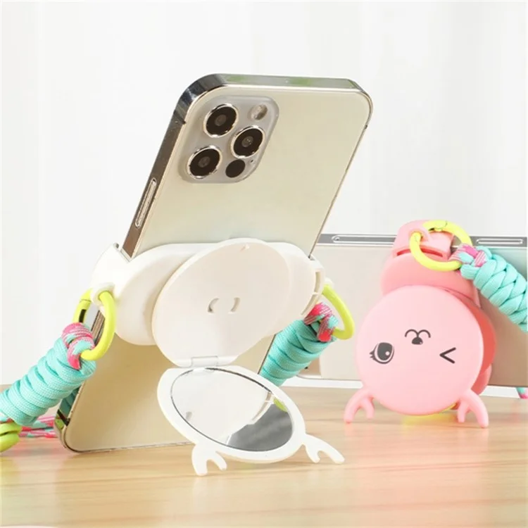 Téléphone Crossbody Lanyard Rotary Back Clamp Phone Holder Nylon Braided Shoulder Strap with Makeup Mirror Stand - Rose