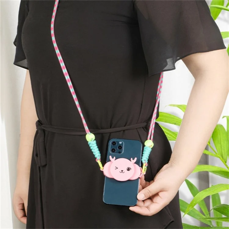 Téléphone Crossbody Lanyard Rotary Back Clamp Phone Holder Nylon Braided Shoulder Strap with Makeup Mirror Stand - Rose