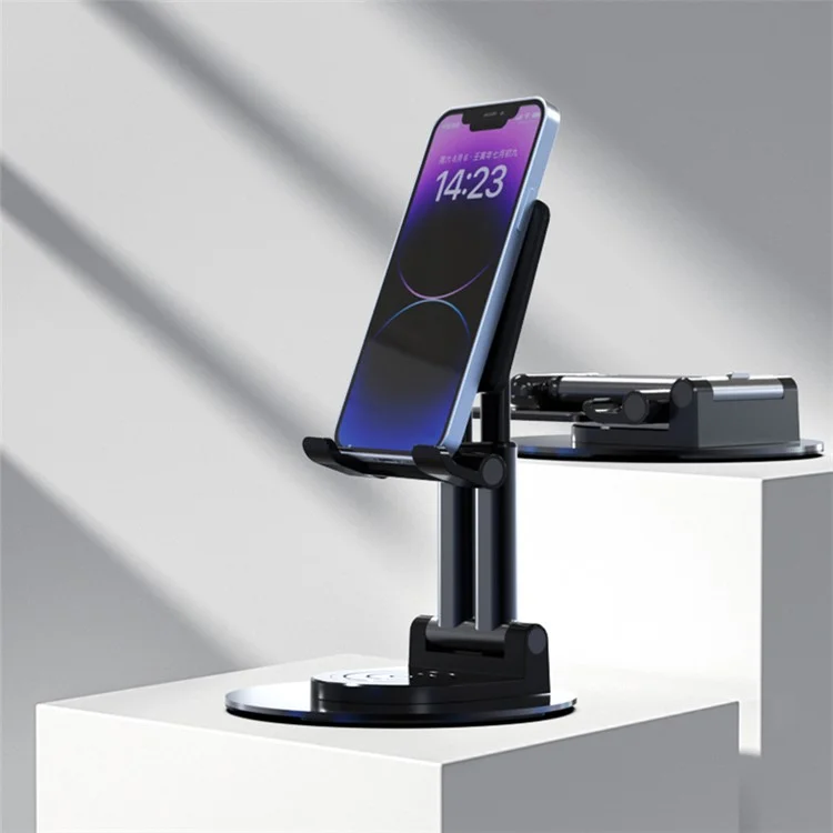 CCT22 Dual Tube Desktop Folding Cell Phone Stand ABS+Silicone Rotating Mobile Phone Holder - Black