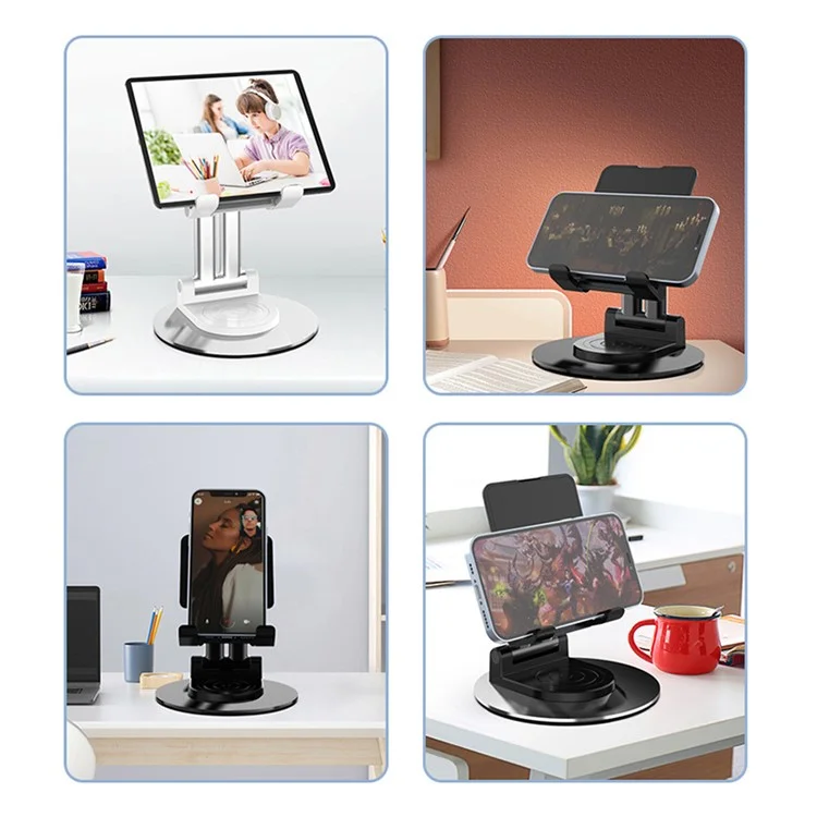 CCT22 Dual Tube Desktop Folding Cell Phone Stand ABS+Silicone Rotating Mobile Phone Holder - Black
