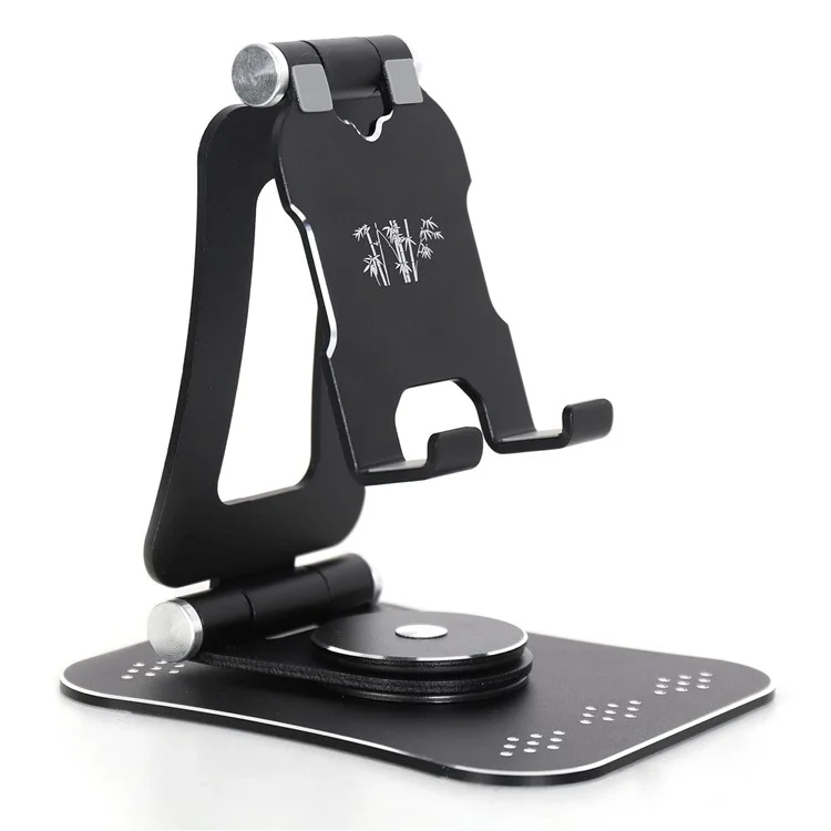 G61 Portable Folding Cell Phone Stand for iPhone 16 / 16 Plus / 16 Pro / 16 Pro Max 360-Degree Rotating Desktop Aluminum Alloy Phone Holder - Black