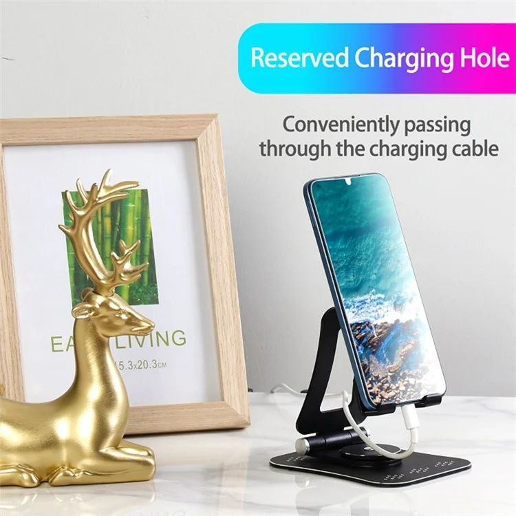 G61 Portable Folding Cell Phone Stand for iPhone 16 / 16 Plus / 16 Pro / 16 Pro Max 360-Degree Rotating Desktop Aluminum Alloy Phone Holder - Black