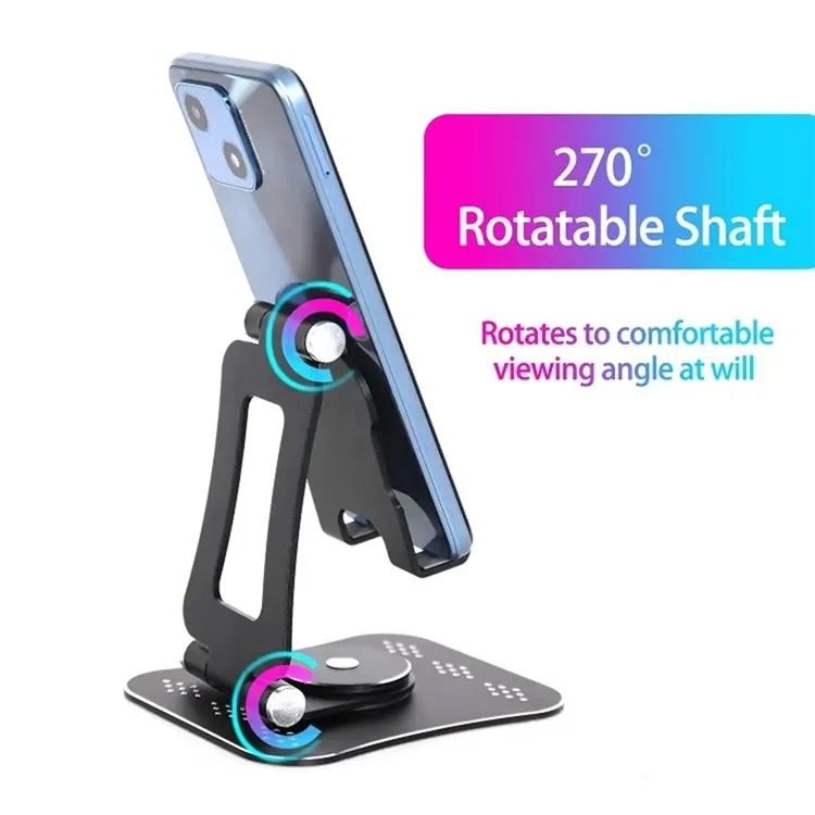 G61 Portable Folding Cell Phone Stand for iPhone 16 / 16 Plus / 16 Pro / 16 Pro Max 360-Degree Rotating Desktop Aluminum Alloy Phone Holder - Black