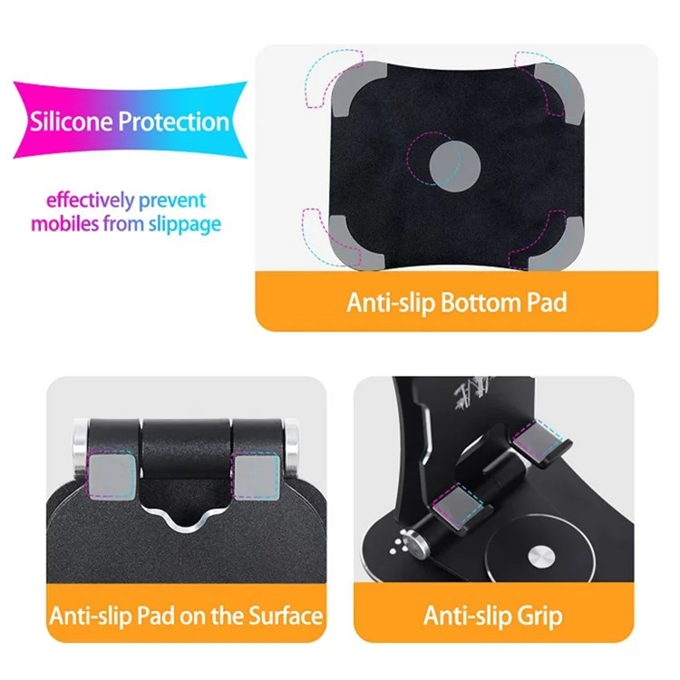 G61 Portable Folding Cell Phone Stand for iPhone 16 / 16 Plus / 16 Pro / 16 Pro Max 360-Degree Rotating Desktop Aluminum Alloy Phone Holder - Black