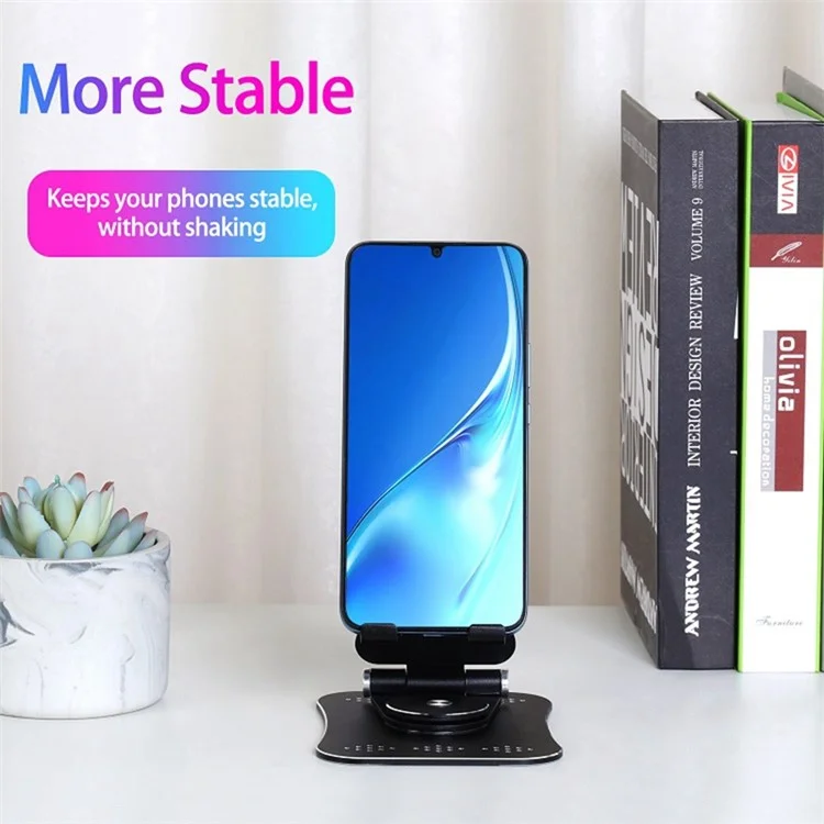 G61 Portable Folding Cell Phone Stand for iPhone 16 / 16 Plus / 16 Pro / 16 Pro Max 360-Degree Rotating Desktop Aluminum Alloy Phone Holder - Black