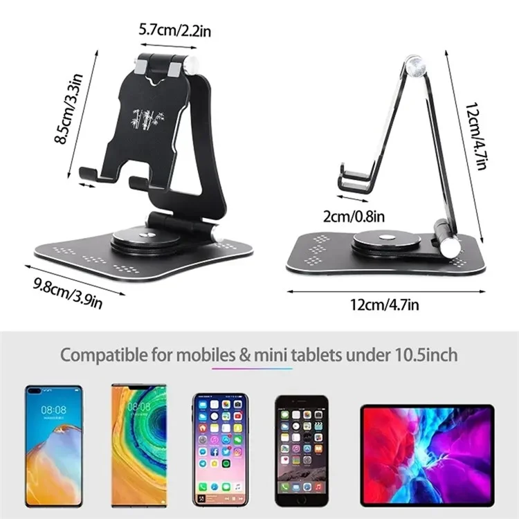 G61 Portable Folding Cell Phone Stand for iPhone 16 / 16 Plus / 16 Pro / 16 Pro Max 360-Degree Rotating Desktop Aluminum Alloy Phone Holder - Black