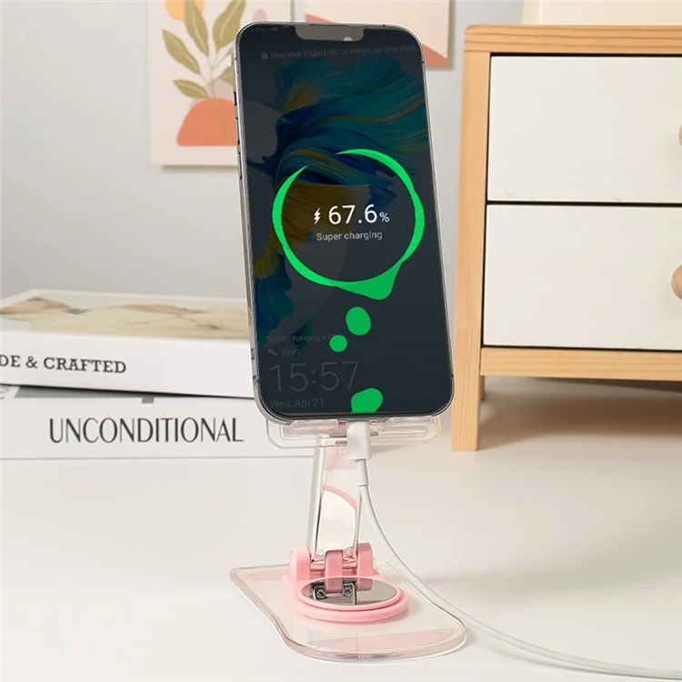 Transparent Acrylic Cell Phone Holder for iPhone 16 / 16 Plus / 16 Pro / 16 Pro Max Desktop Stand Non-Slip Phone Tablet Bracket - Pink