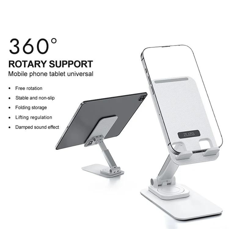ZUZG Z16S Folding Desktop Mobile Phone Holder for iPhone 16 / 16 Plus / 16 Pro / 16 Pro Max 360 Degree Rotating Metal ABS Mobile Phone Mount Stand