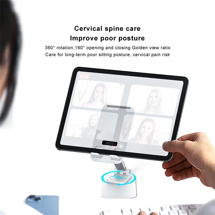 ZUZG Z16S Folding Desktop Mobile Phone Holder for iPhone 16 / 16 Plus / 16 Pro / 16 Pro Max 360 Degree Rotating Metal ABS Mobile Phone Mount Stand