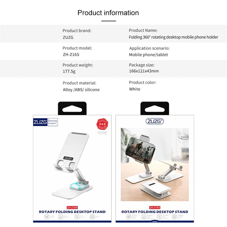 ZUZG Z16S Folding Desktop Mobile Phone Holder for iPhone 16 / 16 Plus / 16 Pro / 16 Pro Max 360 Degree Rotating Metal ABS Mobile Phone Mount Stand