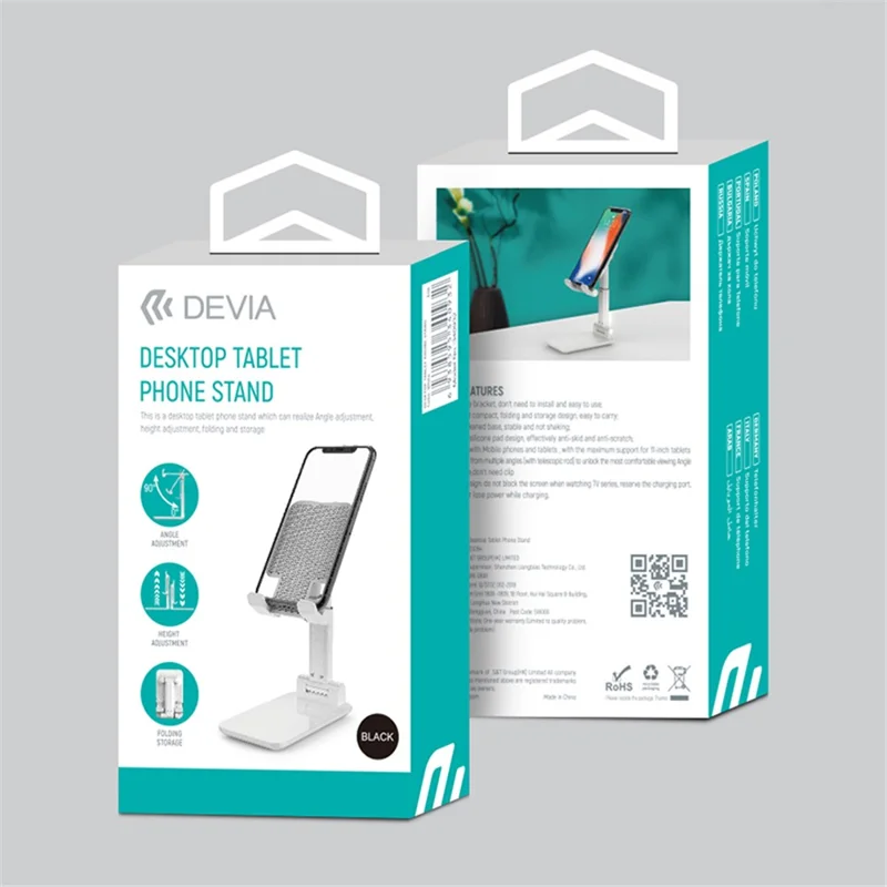DEVIA ES054 Foldbar telefonstativ, højdejusterbart mobilholder til skrivebord til iPhone 16 / 16 Plus / 16 Pro / 16 Pro Max - Sort