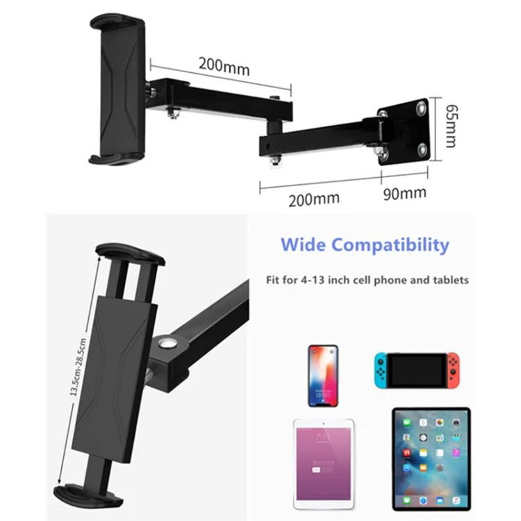 Wall-Mounted Extendable Tablet Smartphone Holder with Long Arm for iPhone 16 / 16 Plus / 16 Pro / 16 Pro Max 4-13 Inch Devices