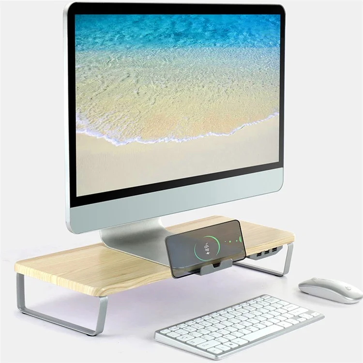 SLU Multi-Function Monitor Riser Stand with USB Port, Laptop Desktop Holder - Light Wood Color