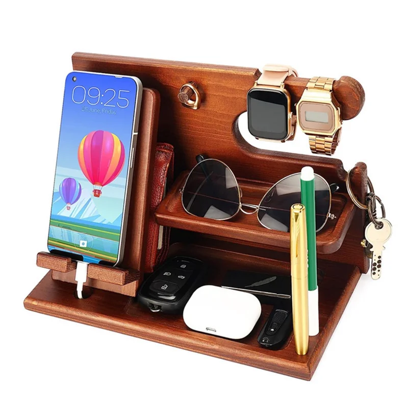 00659 Solid Wooden Phone Stand Multi-Functional Bedside Organizer for iPhone 16 / 16 Plus / 16 Pro / 16 Pro Max