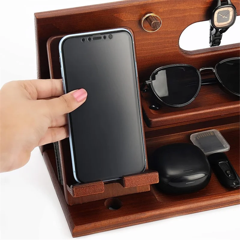 00659 Solid Wooden Phone Stand Multi-Functional Bedside Organizer for iPhone 16 / 16 Plus / 16 Pro / 16 Pro Max