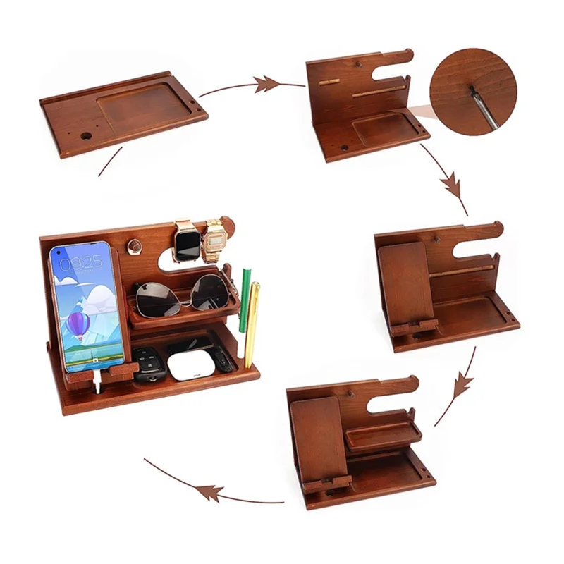 00659 Solid Wooden Phone Stand Multi-Functional Bedside Organizer for iPhone 16 / 16 Plus / 16 Pro / 16 Pro Max